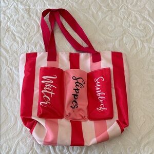 Pink & Red Striped Beach Tote Bag
